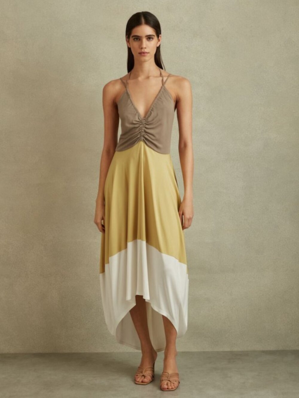 REISS Trista Colorblock Ruched Midi Dress Yellow/Neutral Viscose Sz 10